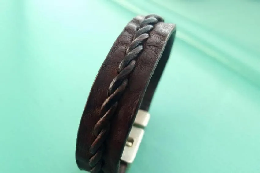 Tyrese Leather Bracelet, Stair-Step Twist Braided Leather Clasp Bracelet - SS1125