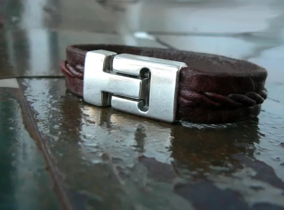 Tyrese Leather Bracelet, Stair-Step Twist Braided Leather Clasp Bracelet - SS1125