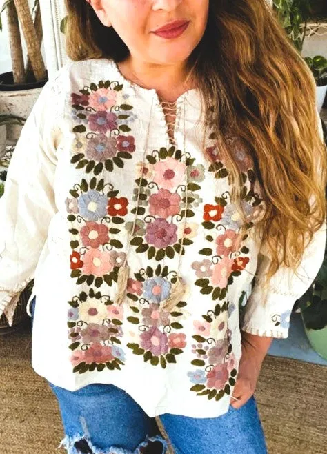 Updated Peasant Blouse. Authentic Hand Embroidered Mexican Cotton Blouses