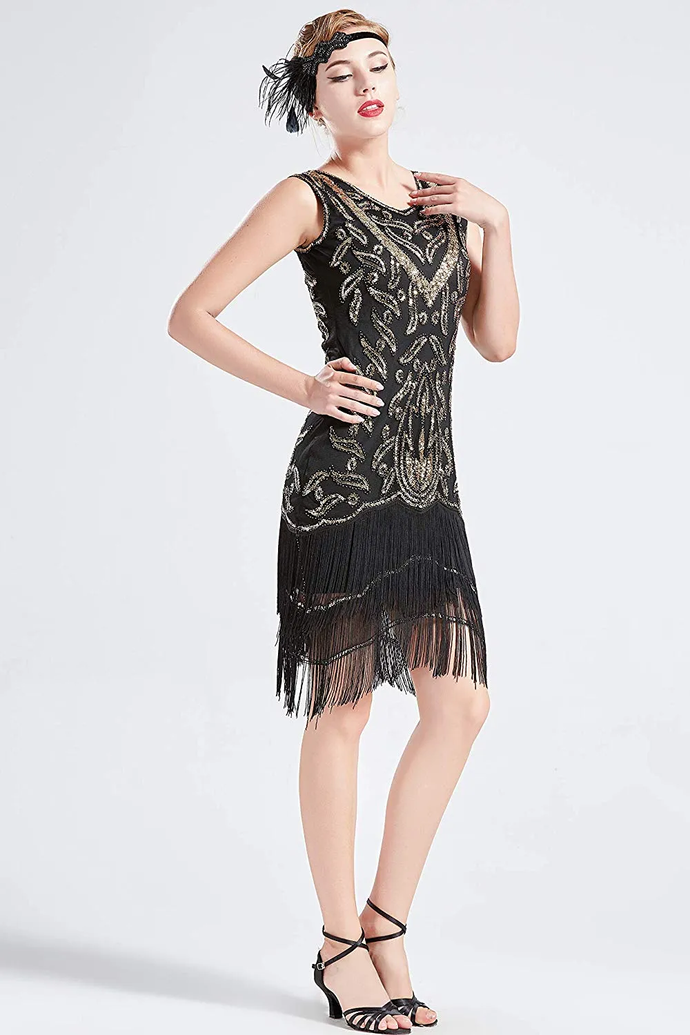 US STOCK Vintage Black and Gold Unique 1920s Flapper Dress Long Fringed Gatsby Dress Sequins Beaded Art Deco