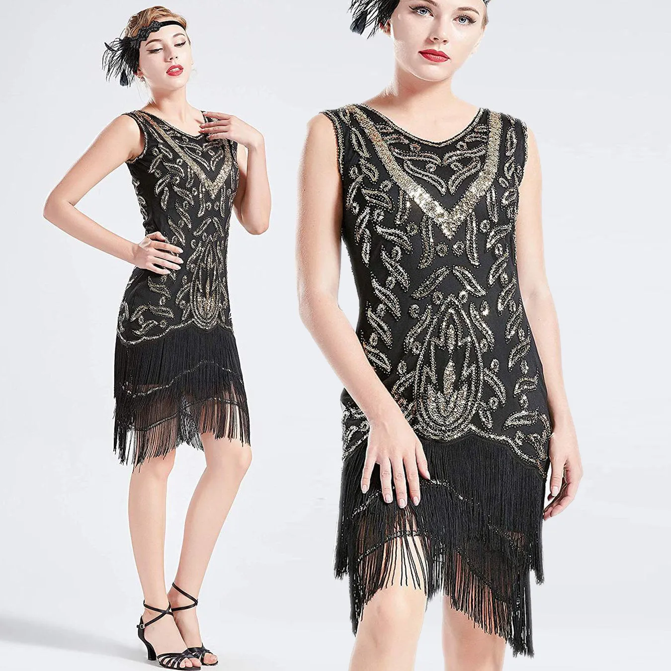 US STOCK Vintage Black and Gold Unique 1920s Flapper Dress Long Fringed Gatsby Dress Sequins Beaded Art Deco