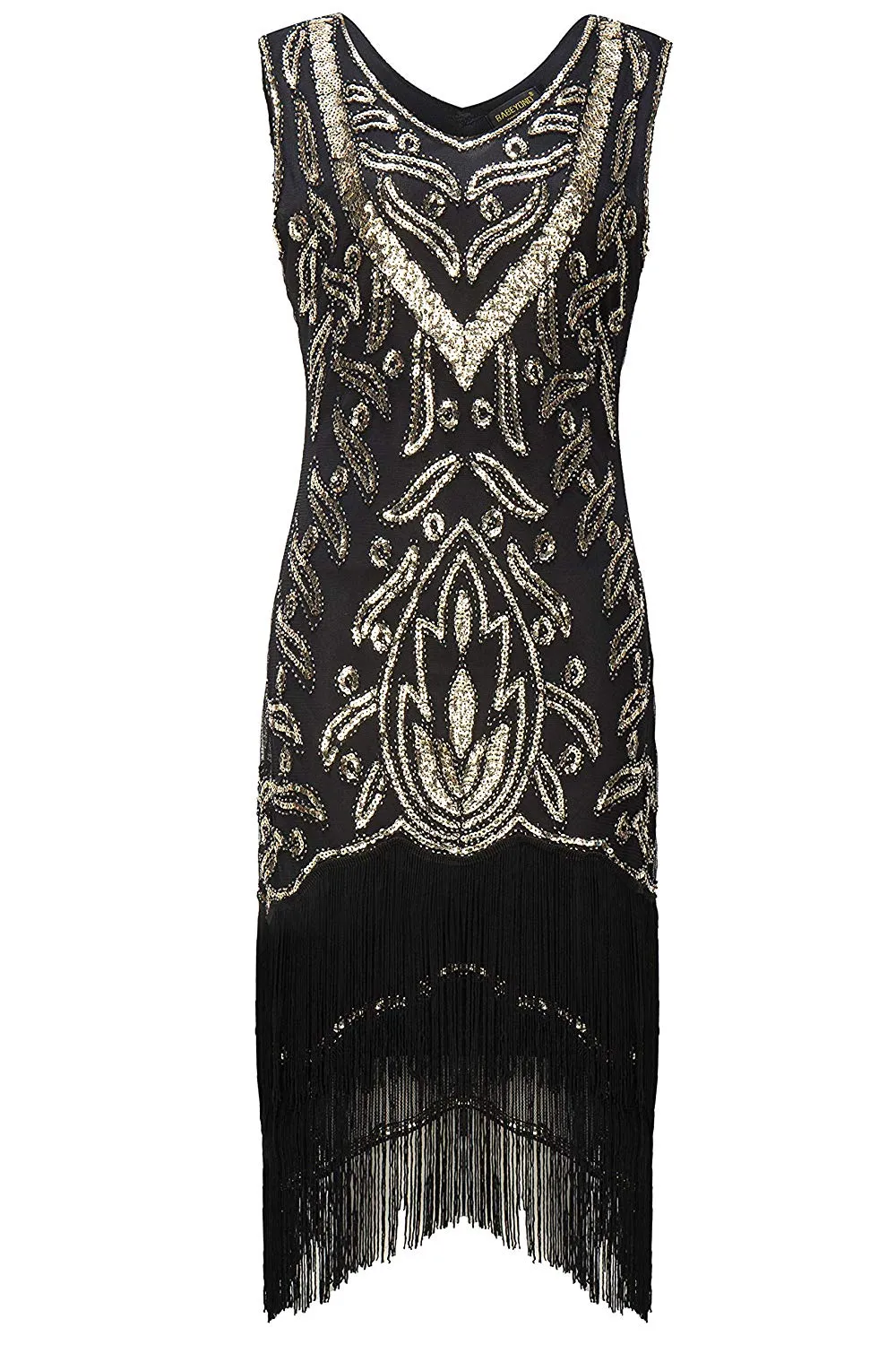 US STOCK Vintage Black and Gold Unique 1920s Flapper Dress Long Fringed Gatsby Dress Sequins Beaded Art Deco