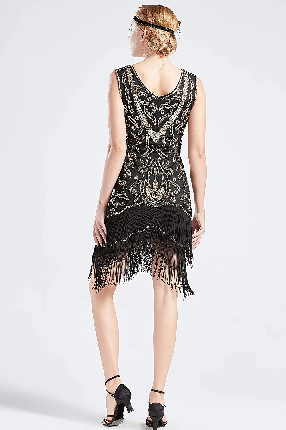 US STOCK Vintage Black and Gold Unique 1920s Flapper Dress Long Fringed Gatsby Dress Sequins Beaded Art Deco