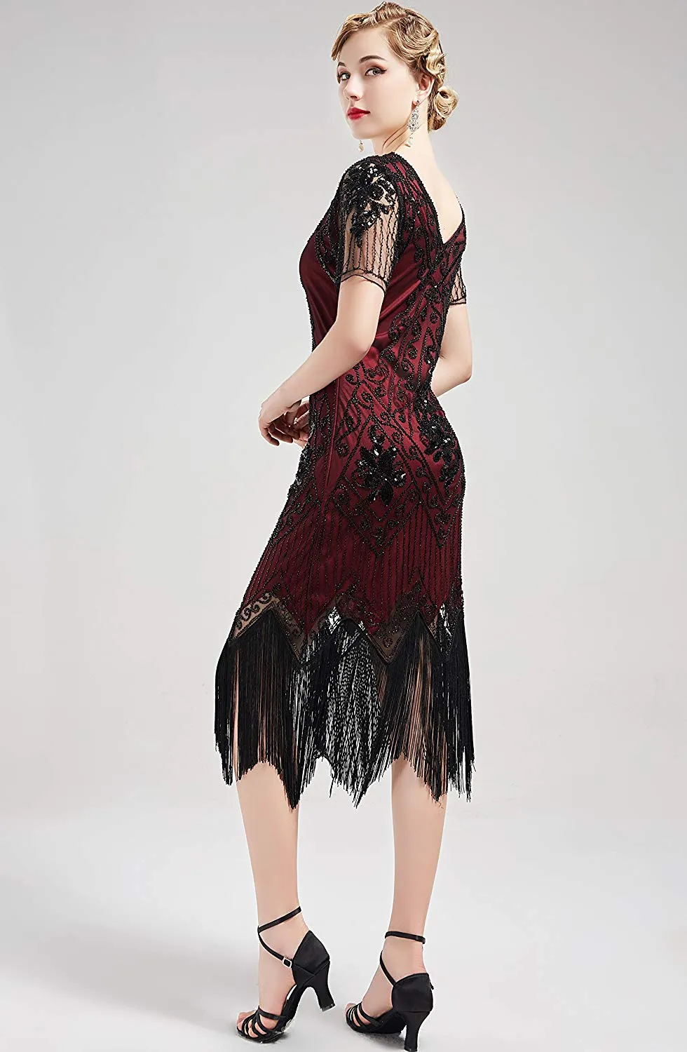 US STOCK Vintage Black and Red Unique 1920s Art Deco Fringed Sequin Dress 20s Flapper Gatsby Dress
