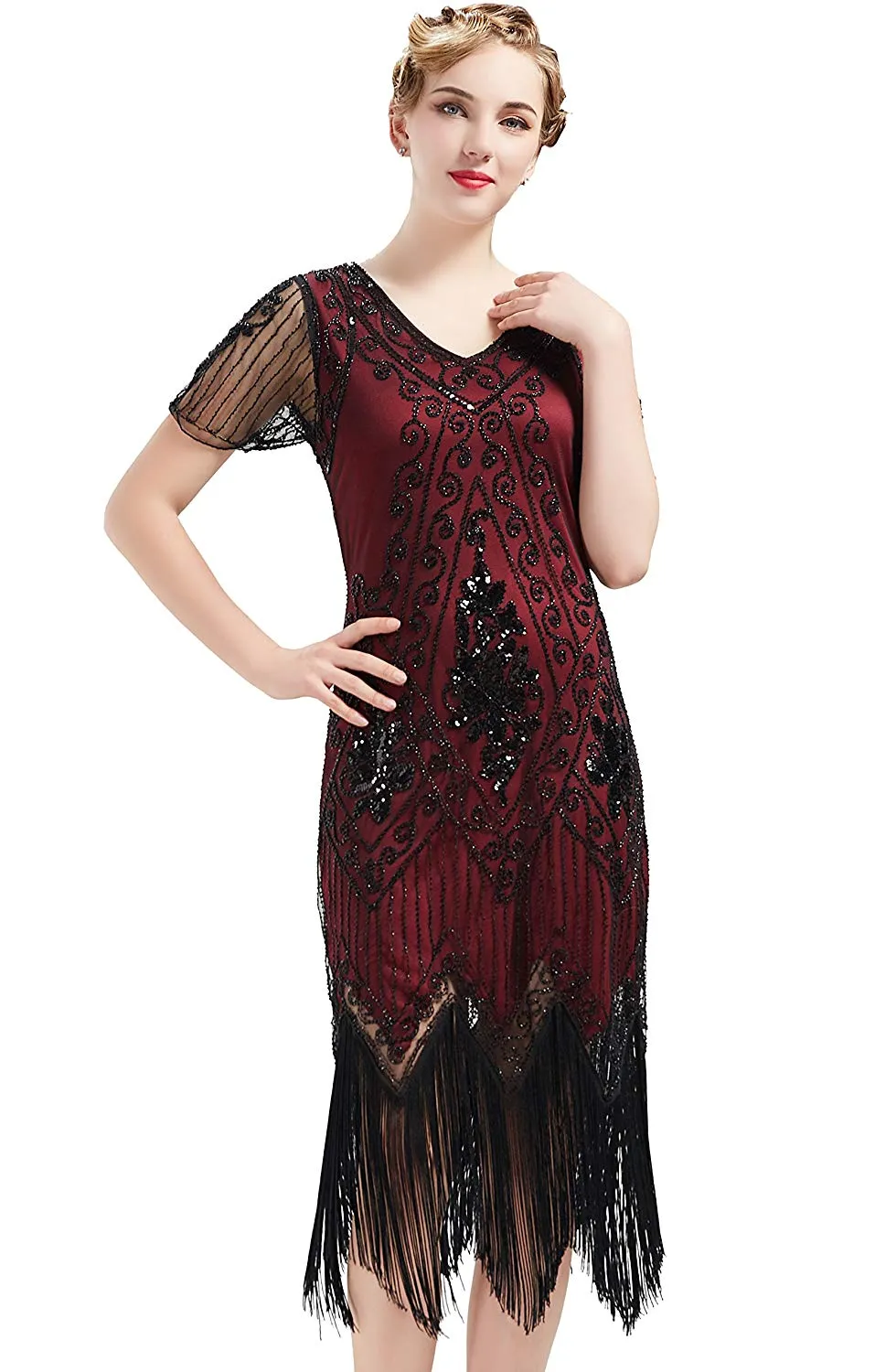 US STOCK Vintage Black and Red Unique 1920s Art Deco Fringed Sequin Dress 20s Flapper Gatsby Dress