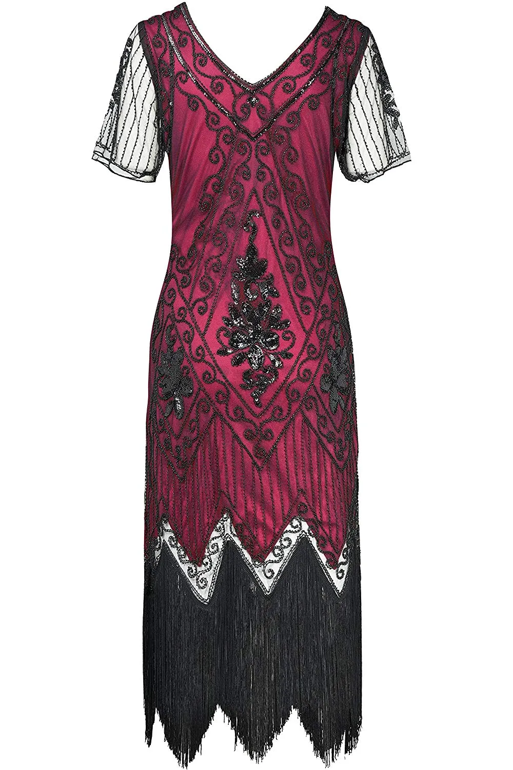 US STOCK Vintage Black and Red Unique 1920s Art Deco Fringed Sequin Dress 20s Flapper Gatsby Dress