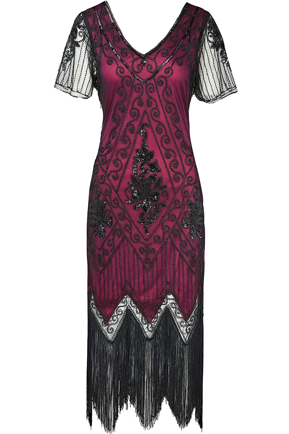 US STOCK Vintage Black and Red Unique 1920s Art Deco Fringed Sequin Dress 20s Flapper Gatsby Dress