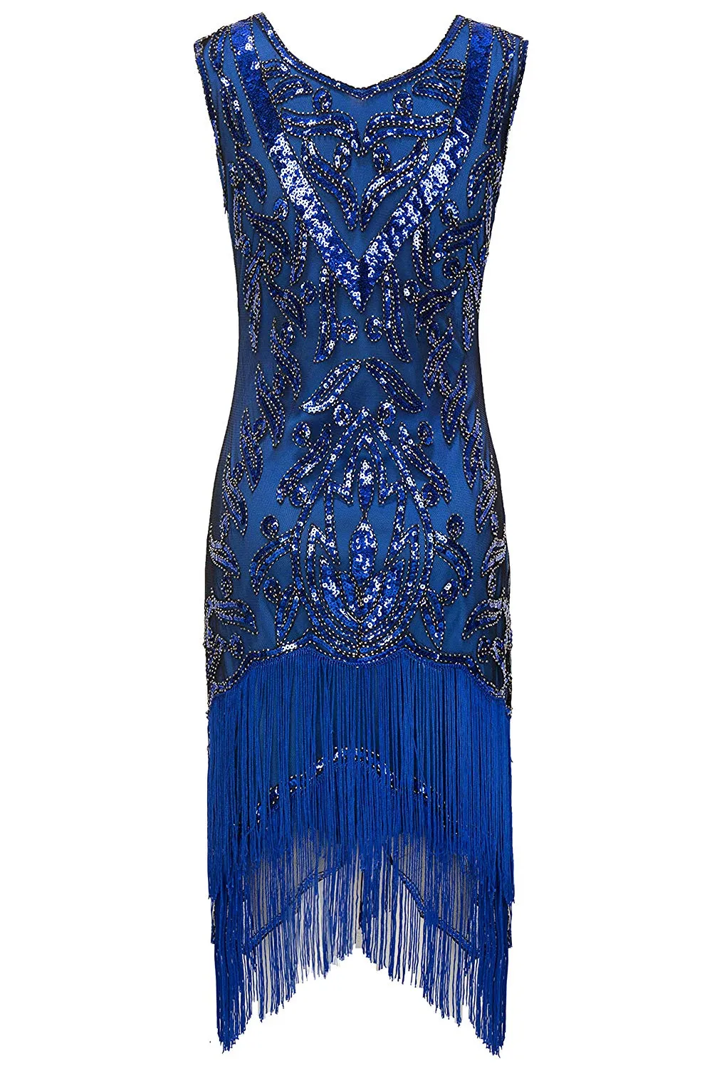 US STOCK Vintage Blue Unique 1920s Flapper Dress Long Fringed Gatsby Dress Sequins Beaded Art Deco