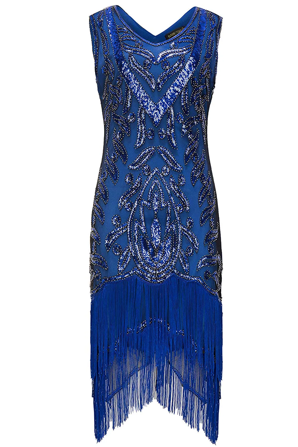 US STOCK Vintage Blue Unique 1920s Flapper Dress Long Fringed Gatsby Dress Sequins Beaded Art Deco