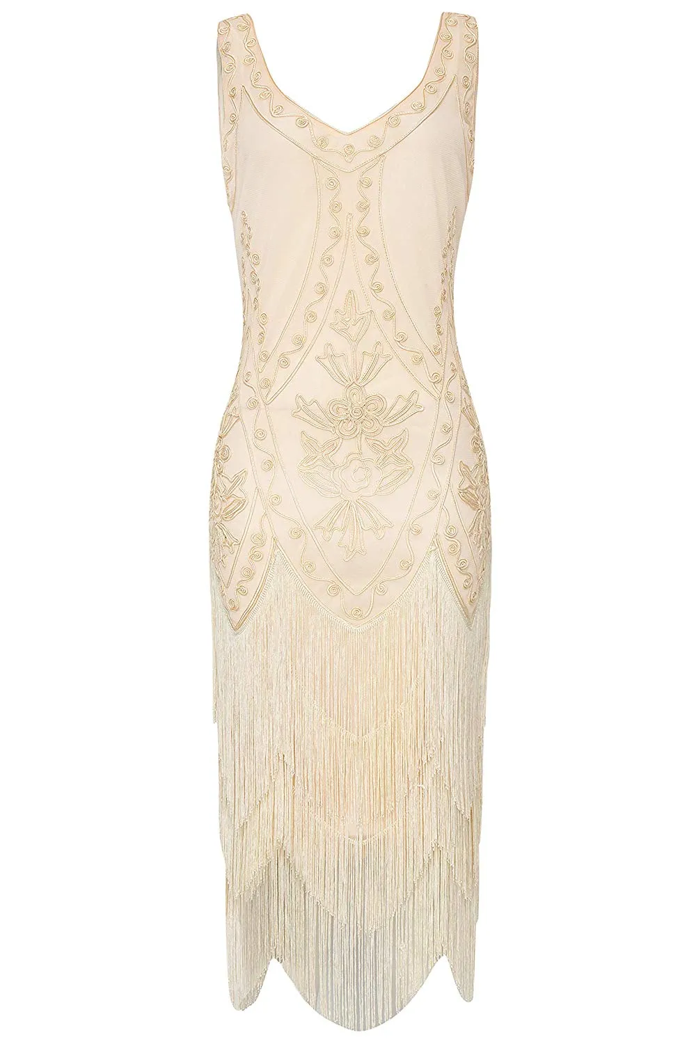 US STOCK Vintage Cream 1920s Unique Flapper Dress Roaring 20s Great Gatsby Fringed  Dress