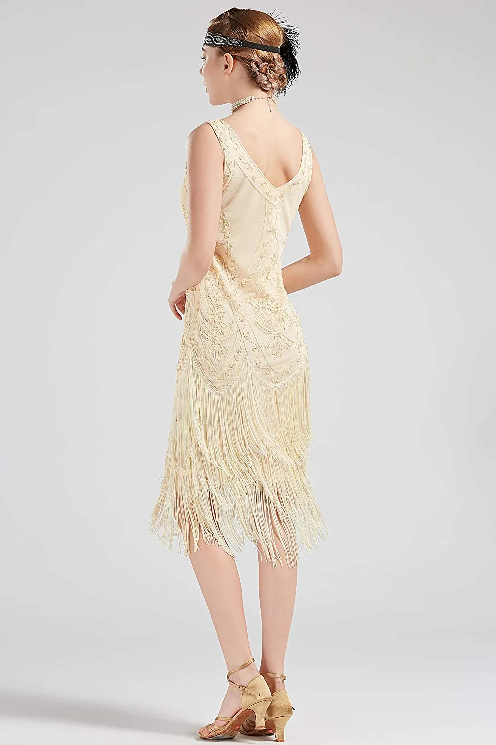 US STOCK Vintage Cream 1920s Unique Flapper Dress Roaring 20s Great Gatsby Fringed  Dress