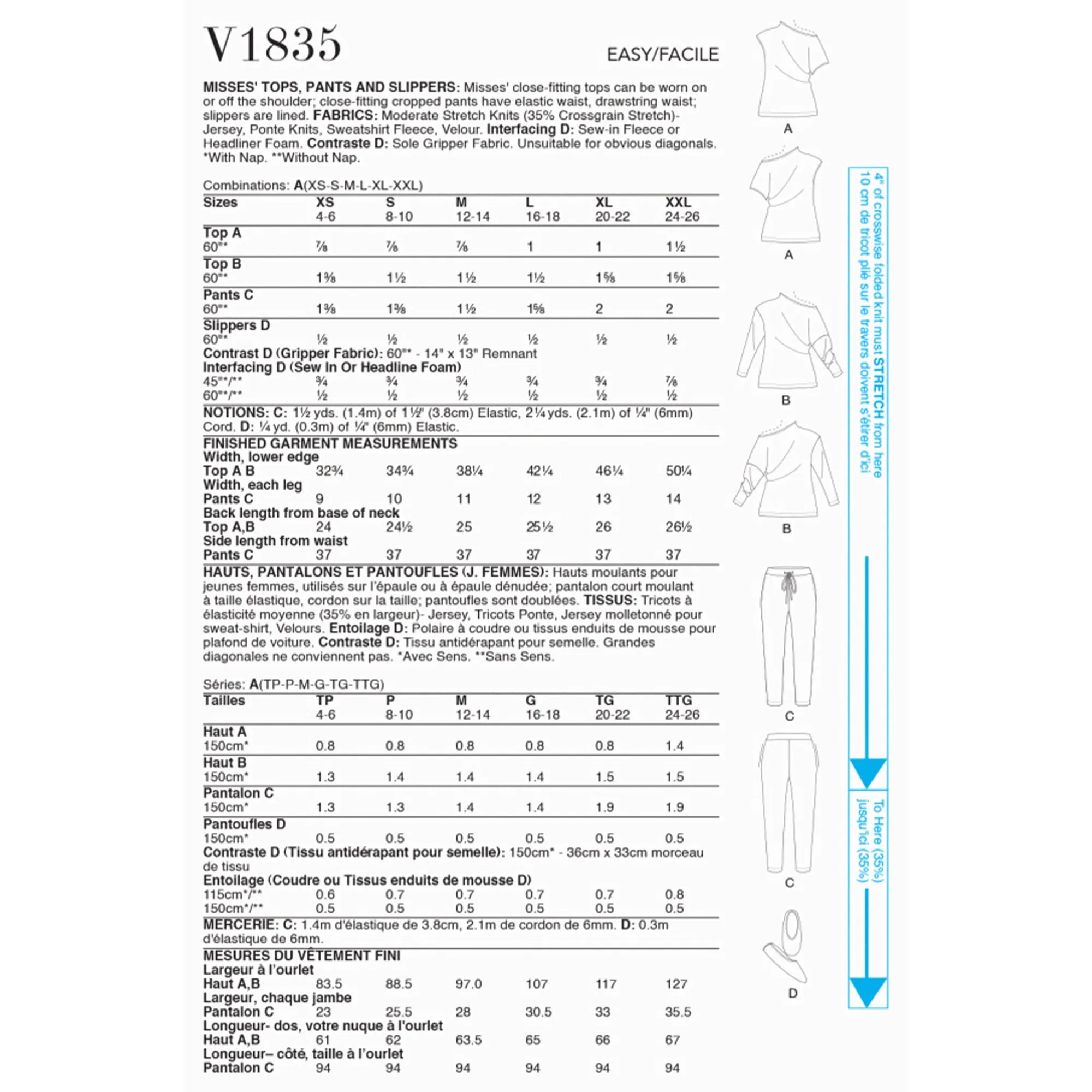 V1835 Misses' Tops, Trousers and Slippers