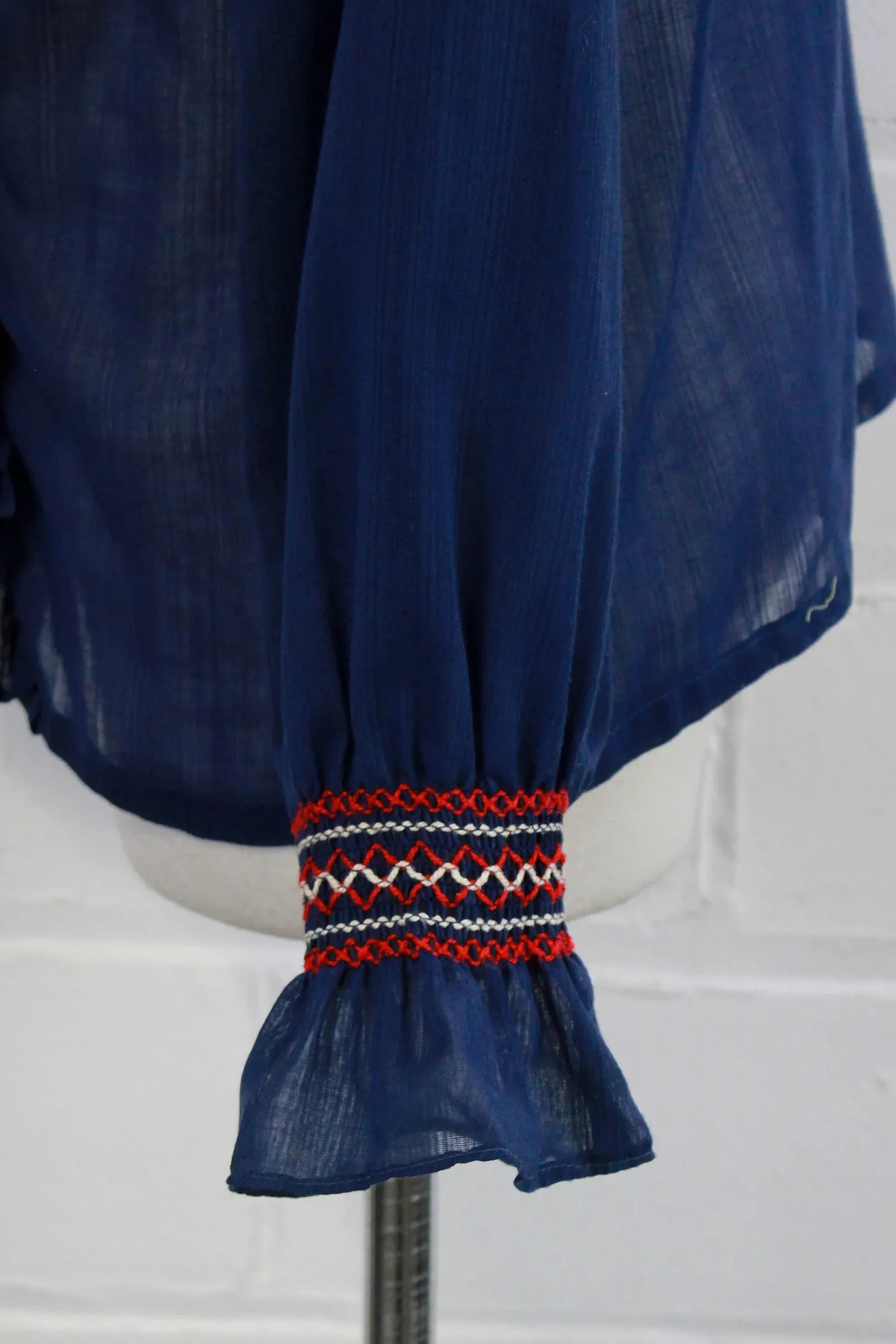 Vintage 1970s Blue Cotton Voile Embroidered Peasant/ Prairie Blouse, Medium
