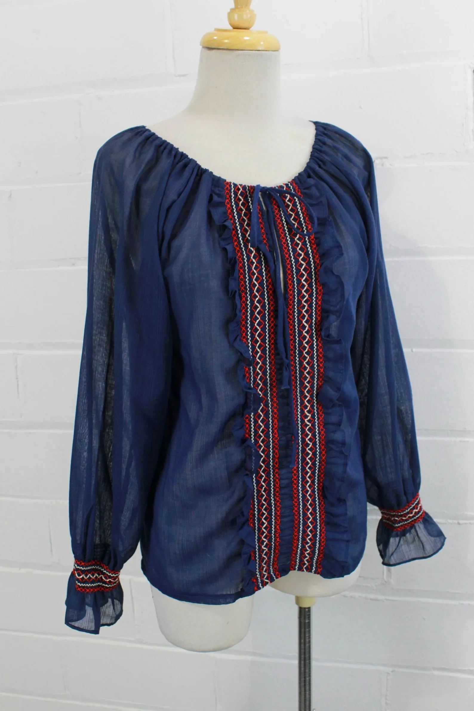 Vintage 1970s Blue Cotton Voile Embroidered Peasant/ Prairie Blouse, Medium