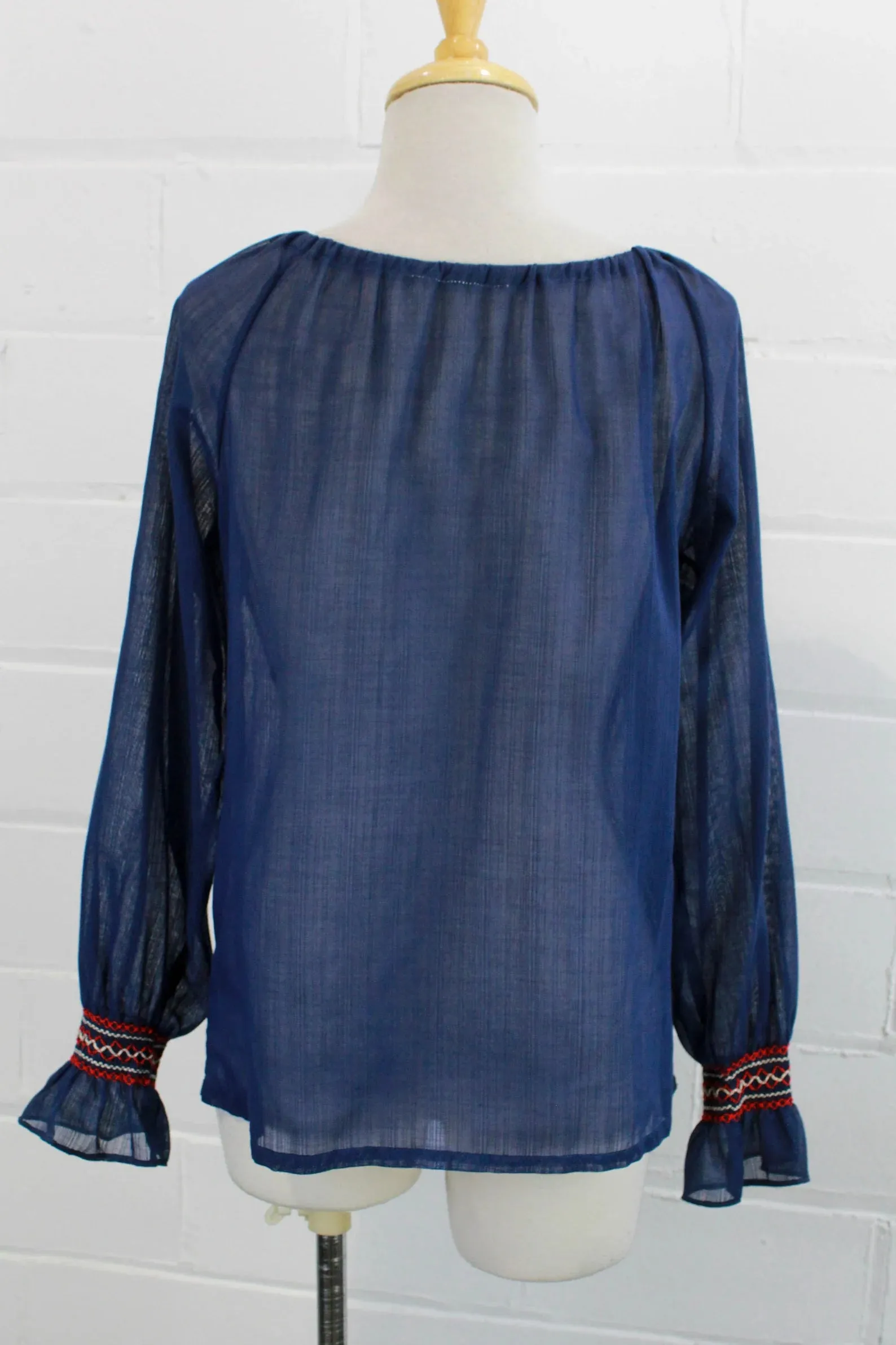 Vintage 1970s Blue Cotton Voile Embroidered Peasant/ Prairie Blouse, Medium