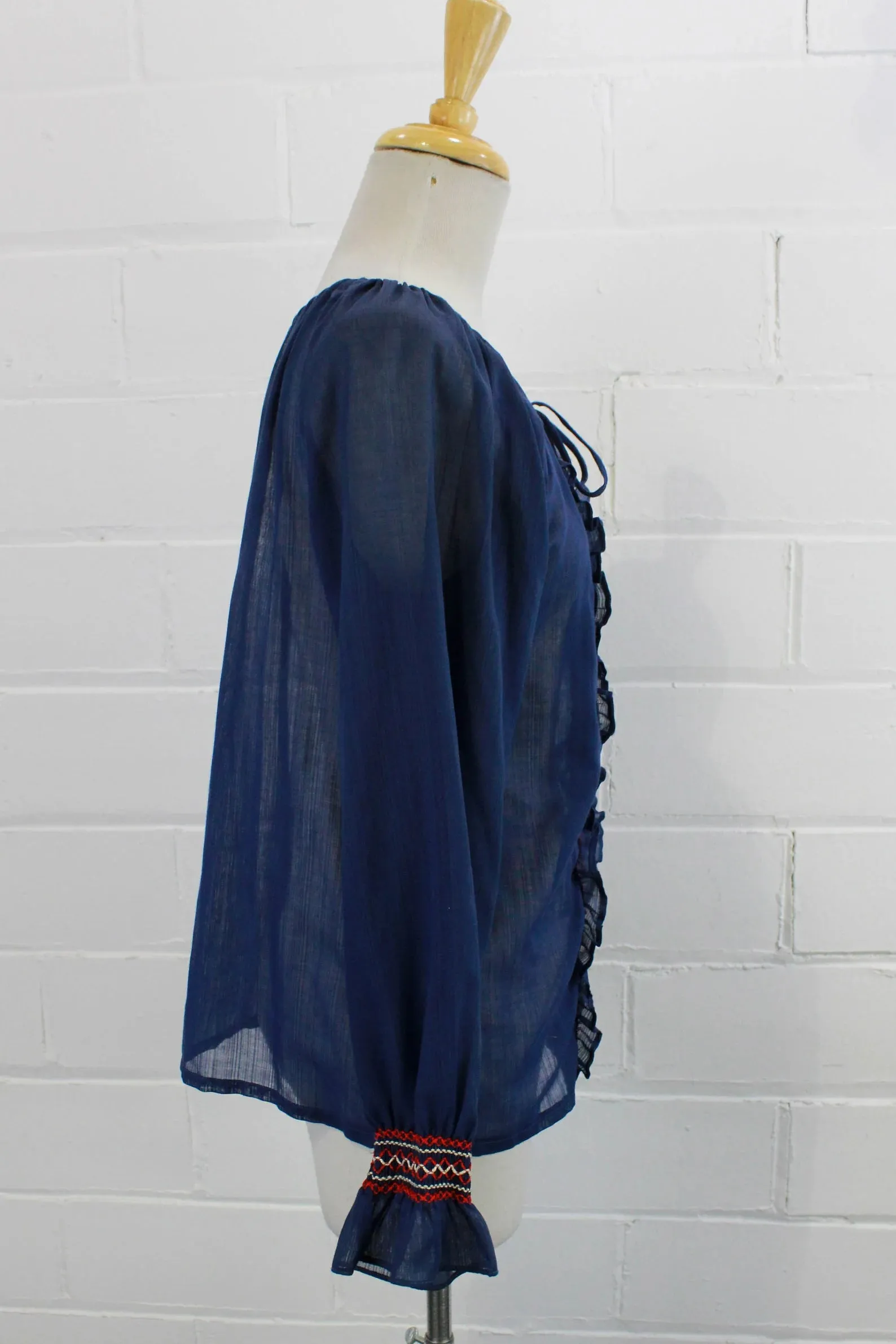 Vintage 1970s Blue Cotton Voile Embroidered Peasant/ Prairie Blouse, Medium