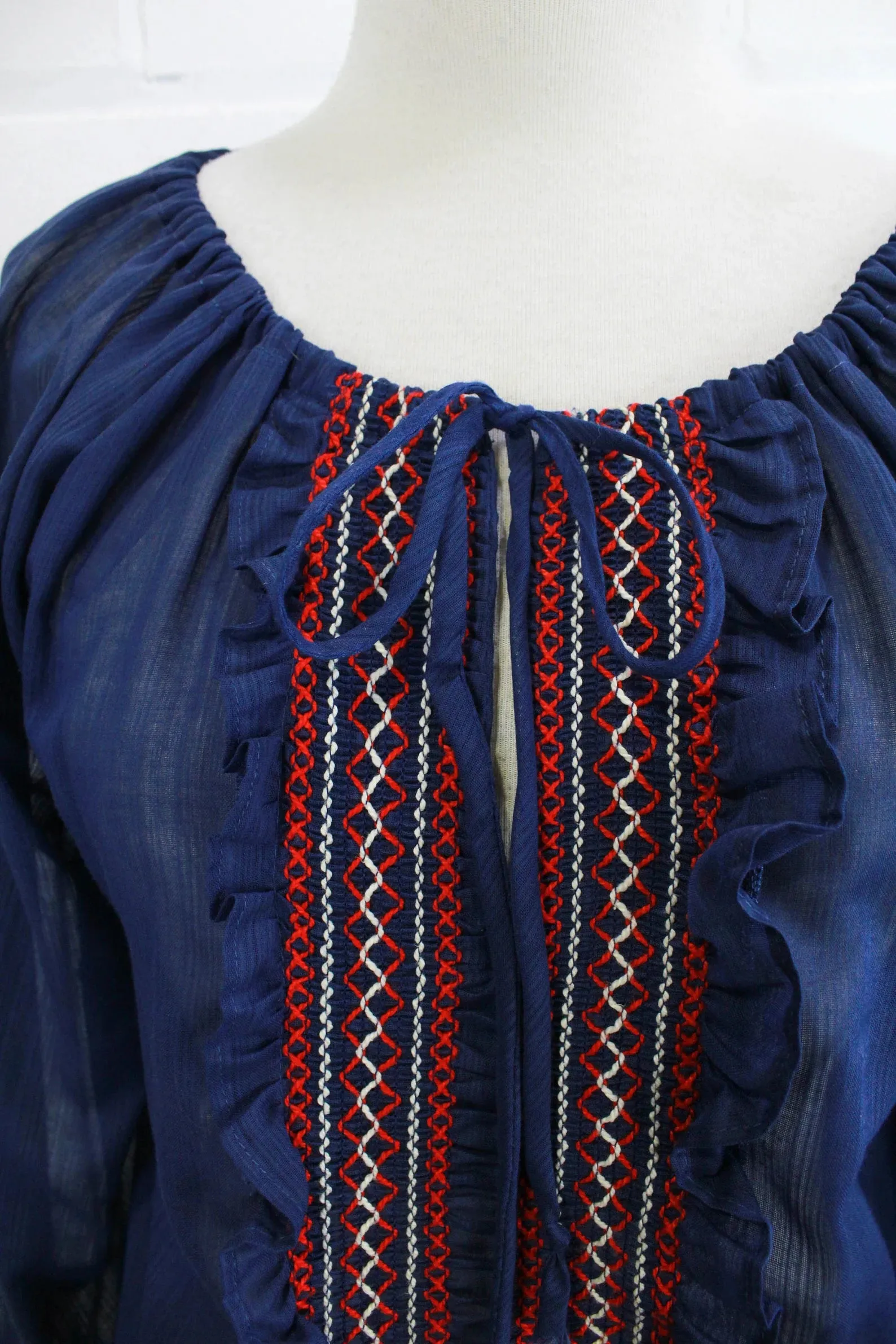 Vintage 1970s Blue Cotton Voile Embroidered Peasant/ Prairie Blouse, Medium
