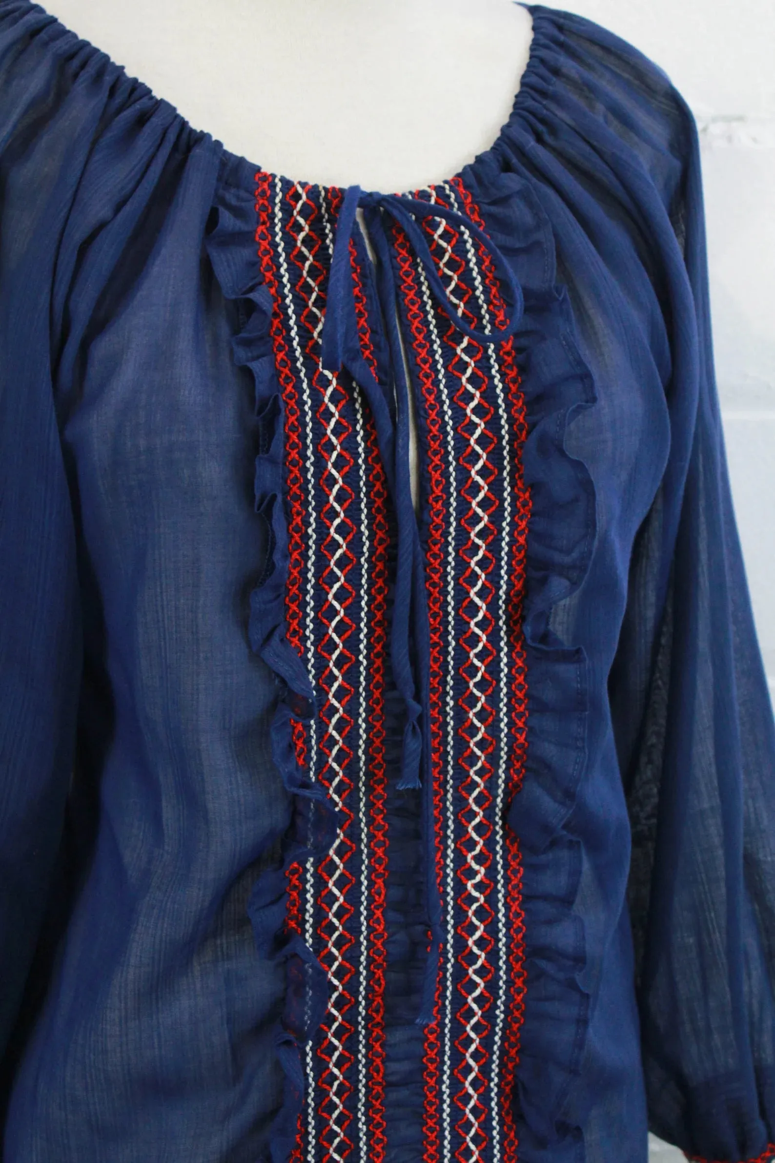 Vintage 1970s Blue Cotton Voile Embroidered Peasant/ Prairie Blouse, Medium