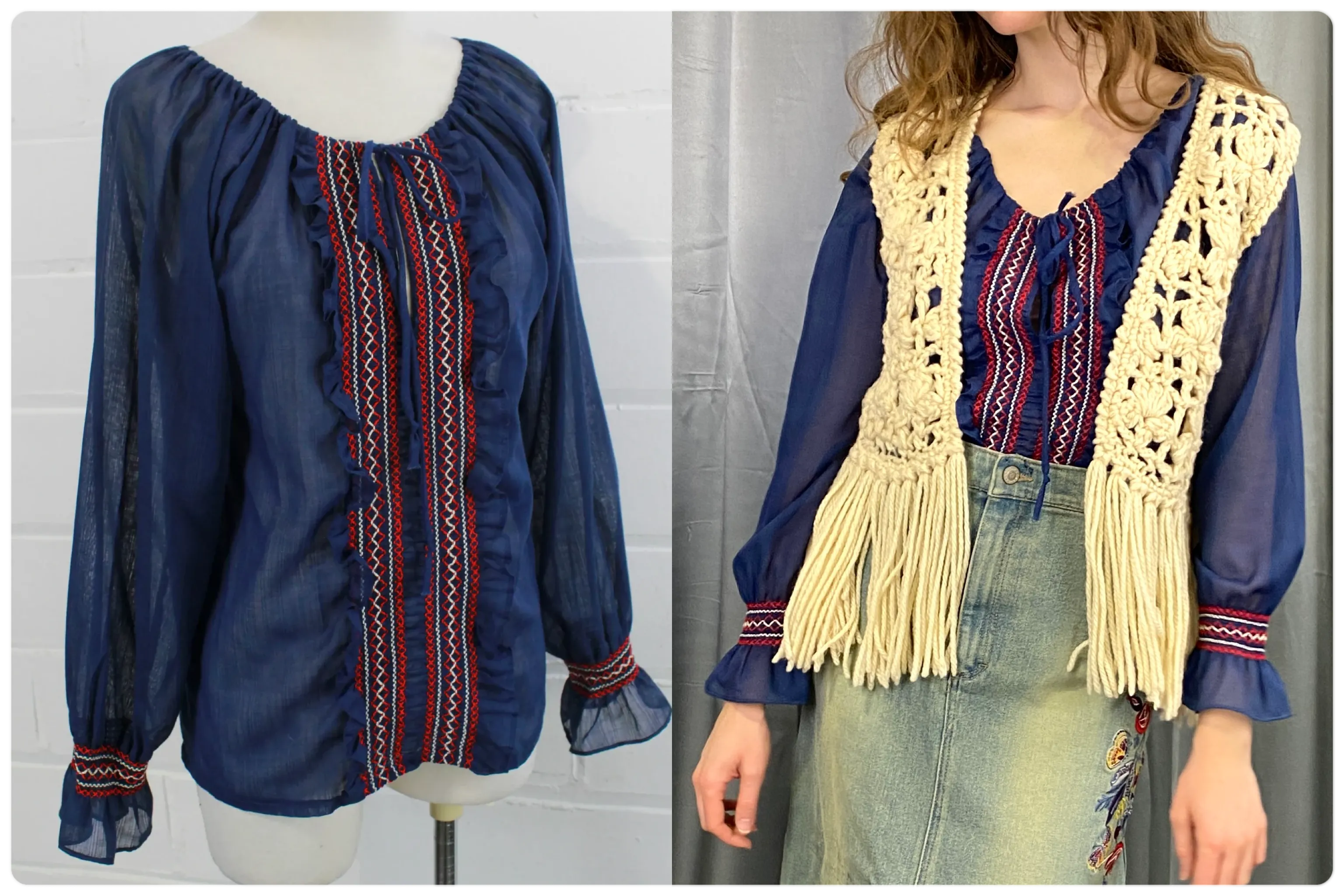 Vintage 1970s Blue Cotton Voile Embroidered Peasant/ Prairie Blouse, Medium