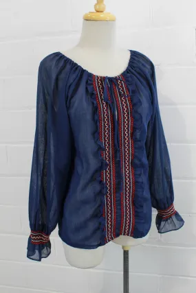 Vintage 1970s Blue Cotton Voile Embroidered Peasant/ Prairie Blouse, Medium