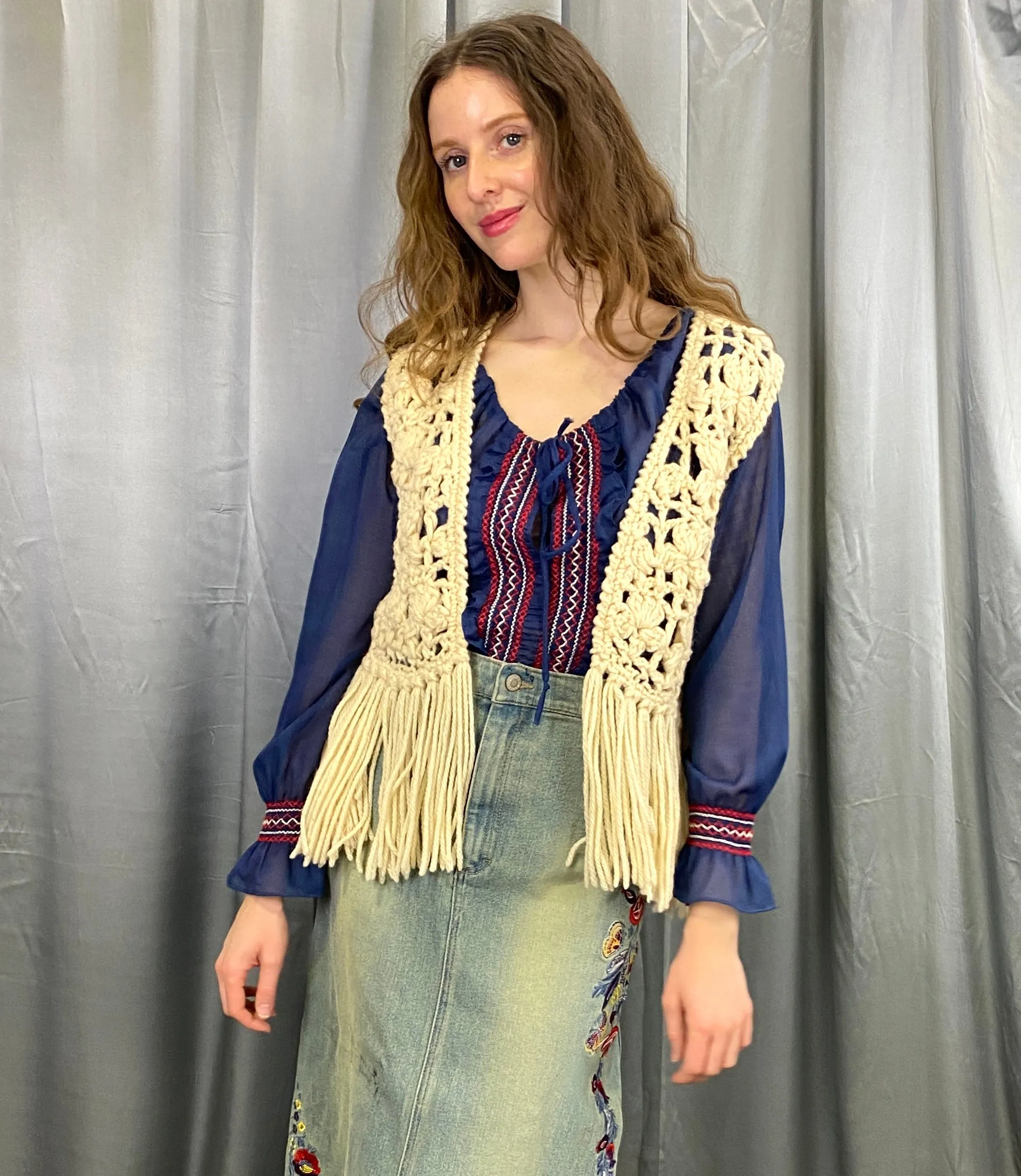 Vintage 1970s Blue Cotton Voile Embroidered Peasant/ Prairie Blouse, Medium
