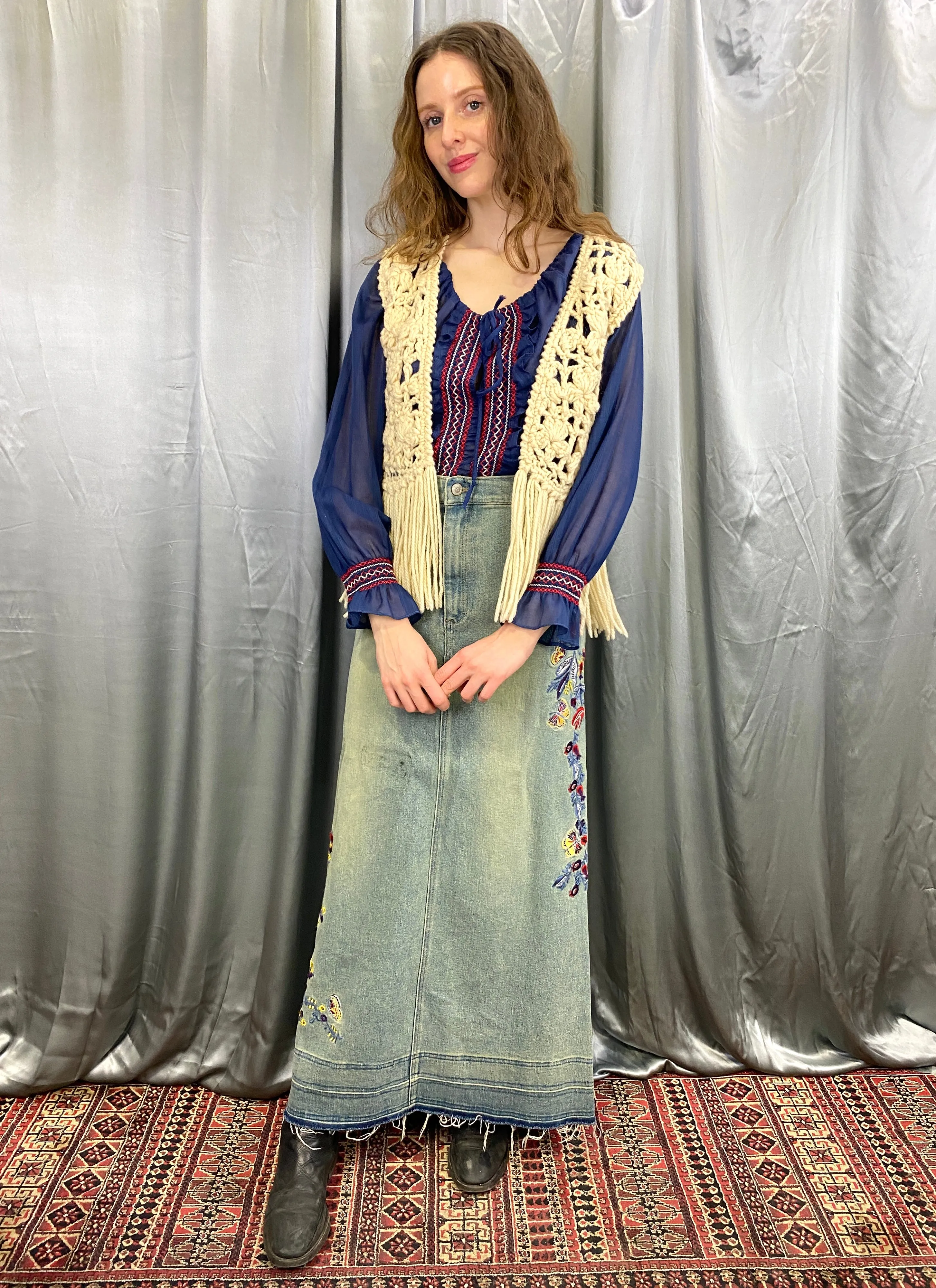 Vintage 1970s Blue Cotton Voile Embroidered Peasant/ Prairie Blouse, Medium