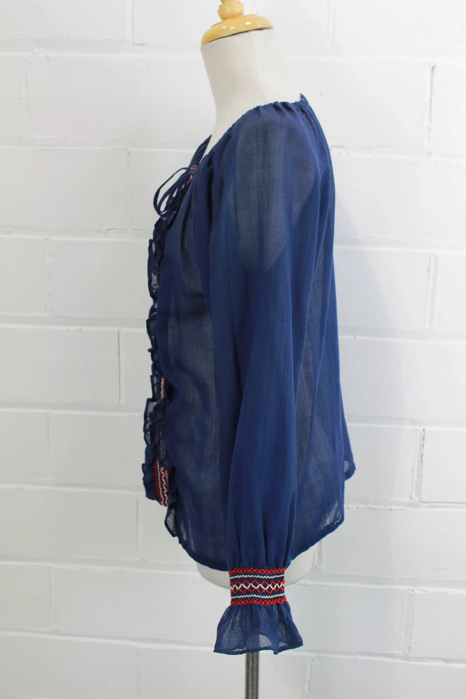 Vintage 1970s Blue Cotton Voile Embroidered Peasant/ Prairie Blouse, Medium