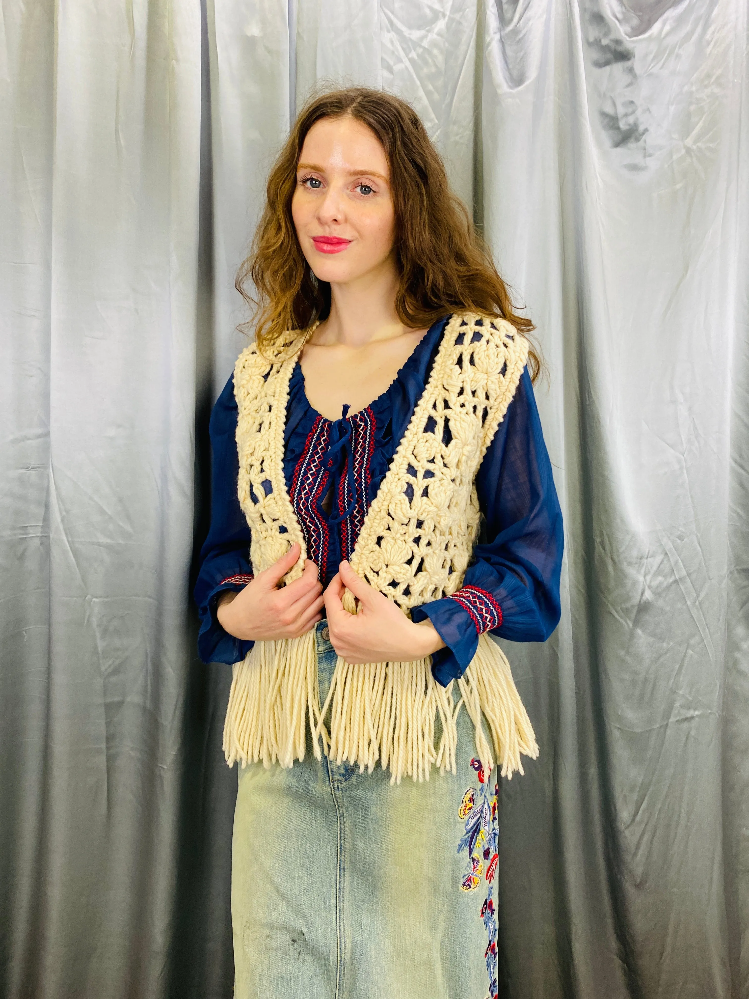 Vintage 1970s Blue Cotton Voile Embroidered Peasant/ Prairie Blouse, Medium