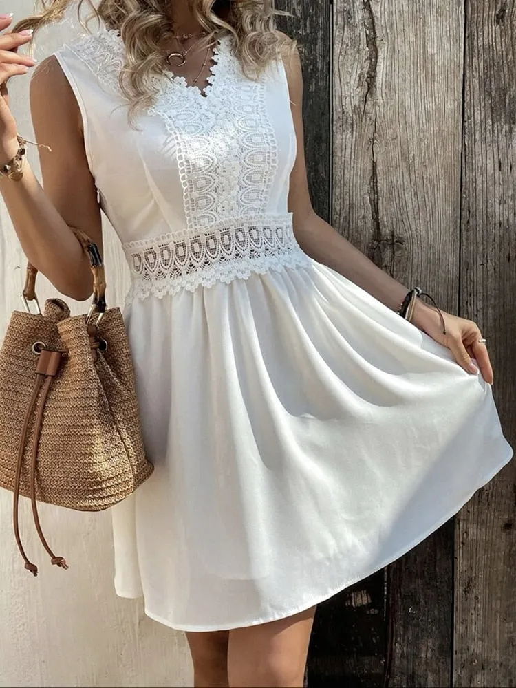 Women White Mini Dress Elegant Lace Dress Female V Neck Sleeveless Short Dress Ladies Hollow Out High Waist Dress Summer